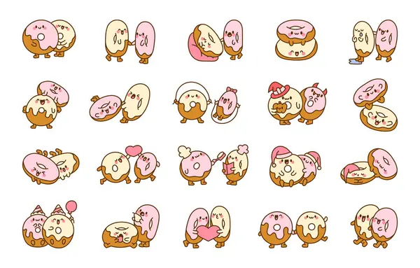Bonitas Parejas Donuts Amistad Donuts Abrazándose Sentados Juntos Personajes Dibujos — Vector de stock