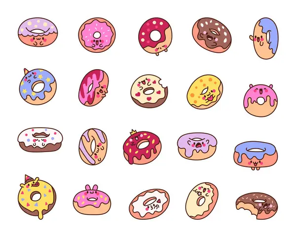 Bonito Desenho Animado Kawaii Donut Caracteres Doces Donuts Estilo Desenhado — Vetor de Stock