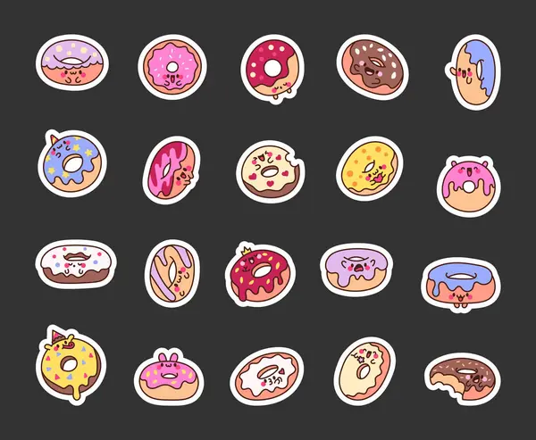 Niedliche Karikatur Kawaii Donut Sticker Lesezeichen Vorhanden Süße Donuts Charaktere — Stockvektor