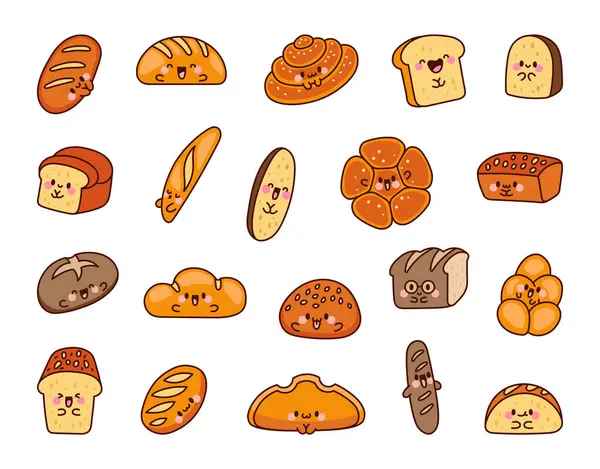 Niedliches Kawaii Brot Mit Smiley Gesicht Backwaren Cartoon Figuren Handgezeichneter — Stockvektor