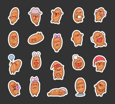 Komik ekmek karakterleri. Etiket Yer İmi. Şirin pastaneler, çizgi filmlerdeki gülen yüzler. El çizimi stili. Vektör çizimi. Tasarım elementlerinin koleksiyonu.