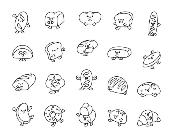 Desenhos Animados Personagens Cara Pão Feliz Página Para Colorir Bolos — Vetor de Stock