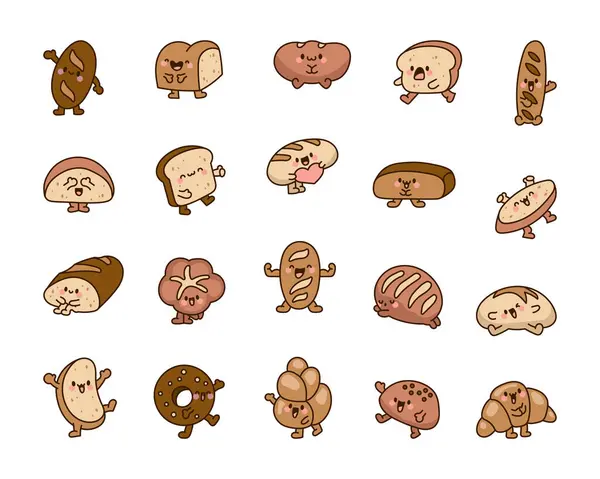 Cartoon Χαρούμενους Χαρακτήρες Πρόσωπο Ψωμί Αστεία Νόστιμα Αρτοσκευάσματα Χειροποίητο Στυλ Διανυσματικά Γραφικά