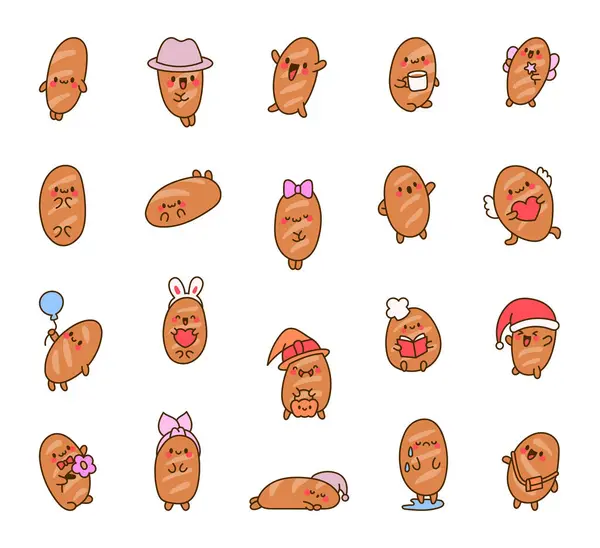 Grappige Broodfiguren Schattig Smakelijk Bakkerijgebak Cartoon Vrolijke Gezichten Handgetekende Stijl Vectorbeelden