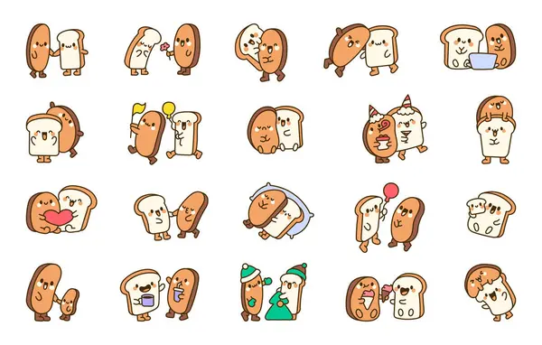 Funny Couple Bread Cartoon Characters Cute Kawaii Bakery Friends Hand — Stock Vector