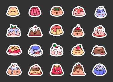 Tatlı kawaii pudingi. Etiket Yer İmi. Mutlu pasta çizgi film karakteri. Komik yemek. El çizimi stili. Vektör çizimi. Tasarım elementlerinin koleksiyonu.