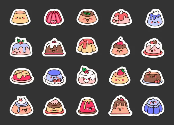 Niedlicher Kawaii Pudding Sticker Lesezeichen Vorhanden Happy Cake Cartoon Figur — Stockvektor