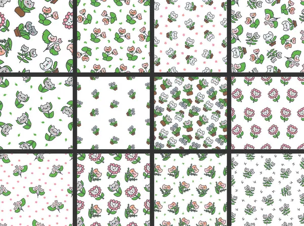 Kawaii Blumenkatze Nahtloses Muster Nettes Haustier Tier Zeichentrickfigur Handgezeichneter Stil lizenzfreie Stockillustrationen