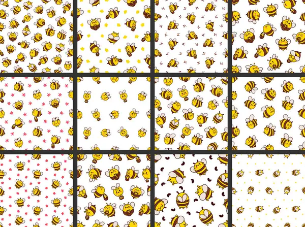 卡通可爱的蜜蜂角色 无缝图案 Kawaii昆虫拿着蜂蜜罐 手绘风格 矢量绘图 矢量绘图 设计装饰品的收集 图库插图
