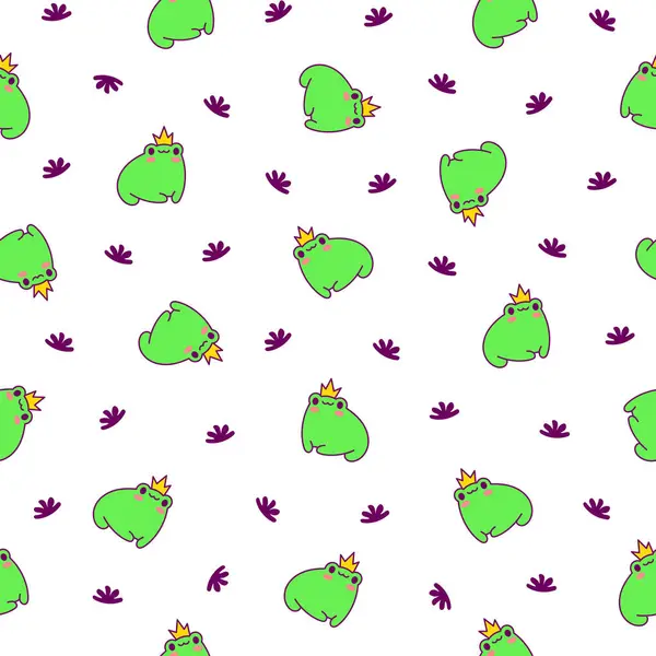 카와이 개구리 캐릭터 원활한 패턴입니다 귀여운 파충류 손으로 스타일 그리기 — 스톡 벡터