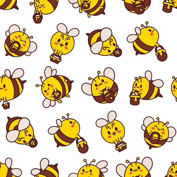 卡通可爱的蜜蜂角色 无缝图案 Kawaii昆虫拿着蜂蜜罐 手绘风格 矢量绘图 设计装饰品 图库矢量图片