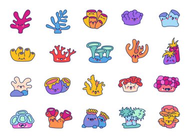 Komik suratlı sevimli kawaii mercan resifi. Mutlu sualtı hayat çizgi film karakteri. El çizimi stili. Vektör çizimi. Tasarım elementlerinin koleksiyonu.