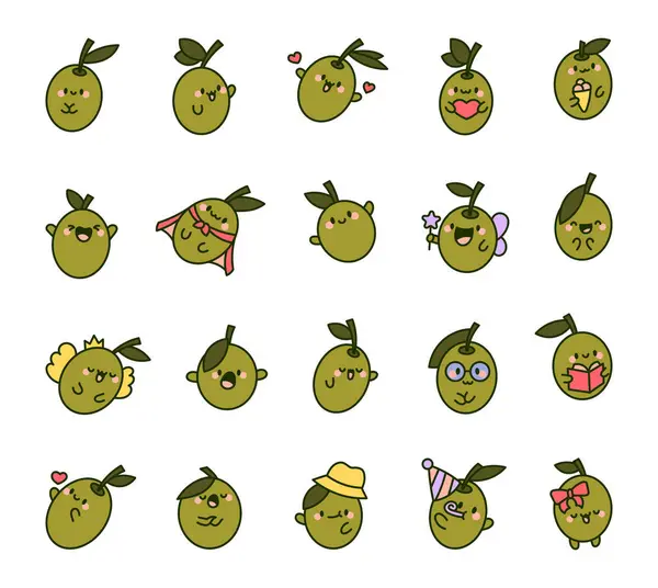 Mignon Kawaii Olive Avec Feuille Bonne Nourriture Personnage Dessin Animé — Image vectorielle
