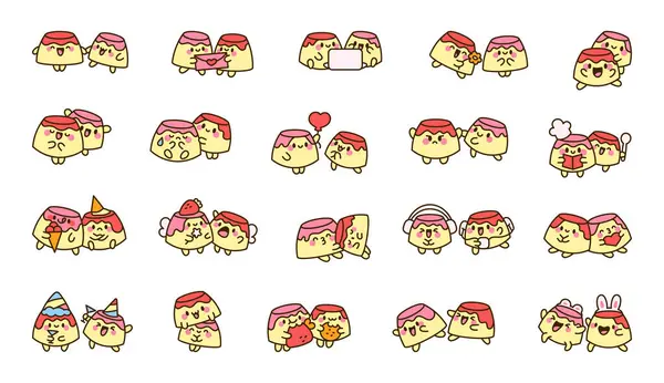 Funny Couple Pudding Cartoon Characters Cute Kawaii Food Friends Hand Εικονογράφηση Αρχείου