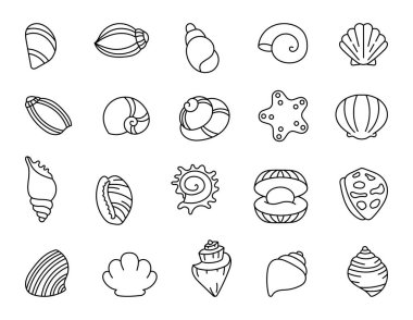 Deniz kabuğu. Boyama sayfası. Yumuşakça ve deniz salyangozundan oluşan deniz kabukları. Yaz tatili. El çizimi stili. Vektör çizimi. Tasarım elementlerinin koleksiyonu.