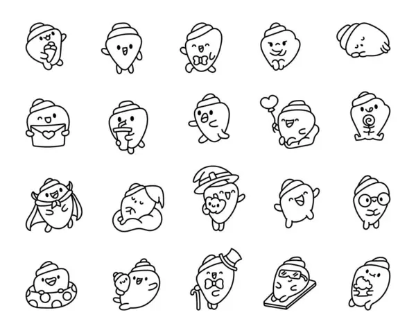 Cartoon Happy Seashell Face Characters Coloring Page Funny Aquatic Life — Stock Vector