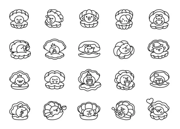 卡通Kawaii贝壳与珍珠 着色页 有趣的水生生物手绘风格 矢量绘图 设计要素的收集 — 图库矢量图片