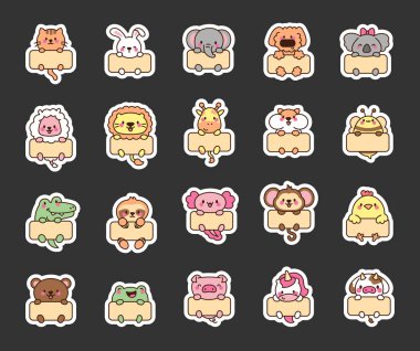 Boş web afişi şablonu olan sevimli bir kawaii hayvanı. Etiket Yer İmi. Çerçeveli komik çizgi film karakterleri. El çizimi stili. Vektör çizimi. Tasarım elementlerinin koleksiyonu.