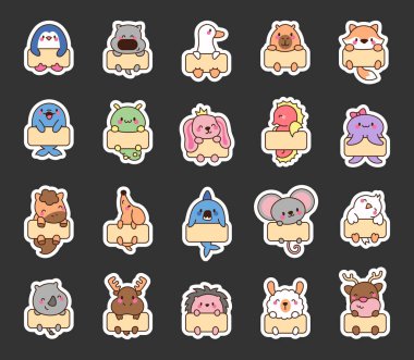 Boş web afişi şablonu olan sevimli bir kawaii hayvanı. Etiket Yer İmi. Çerçeveli komik çizgi film karakterleri. El çizimi stili. Vektör çizimi. Tasarım elementlerinin koleksiyonu.