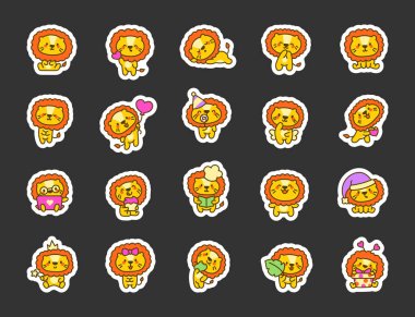 Gülen yüzlü sevimli kawaii aslanı. Etiket Yer İmi. Hayvan çizgi film karakterleri. El çizimi stili. Vektör çizimi. Tasarım elementlerinin koleksiyonu.