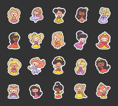 Güzel elbiseli şirin bir bebek prenses. Etiket Yer İmi. El çizimi stili. Vektör çizimi. Tasarım elementlerinin koleksiyonu.