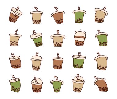 Tapyoka incili boba sütü çayı. Köpüklü içecek. El çizimi stili. Vektör çizimi. Tasarım elementlerinin koleksiyonu.