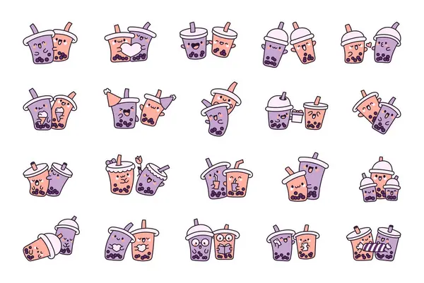 Lustiges Paar Bubble Tea Cartoon Figuren Nette Trinkfreunde Handgezeichneter Stil — Stockvektor