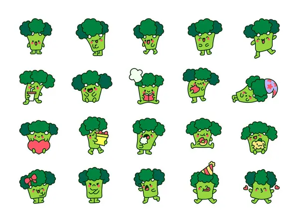 Lindo Personaje Brócoli Kawaii Divertida Comida Dibujos Animados Estilo Dibujado — Vector de stock
