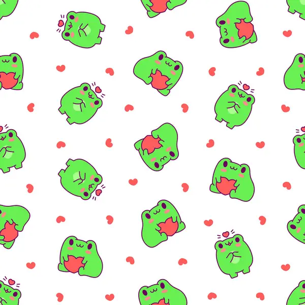 Kawaii Frog Cartoon Character Seamless Pattern Cute Reptile Animal Hand — Stock Vector