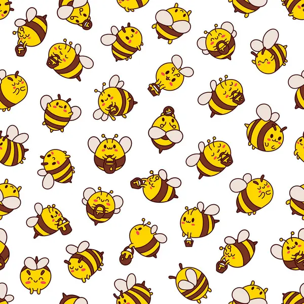 Cartoon Süße Biene Charakter Nahtloses Muster Kawaii Insekt Hält Honigtopf — Stockvektor