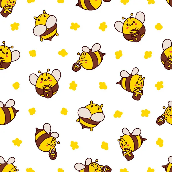 Cartoon Süße Biene Charakter Nahtloses Muster Kawaii Insekt Hält Honigtopf — Stockvektor