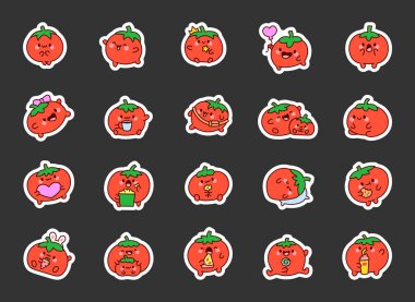 Komik gülümseyen domates karakteri. Etiket Yer İmi. Yüzü güzel bir sebze. El çizimi stili. Vektör çizimi. Tasarım elementlerinin koleksiyonu.