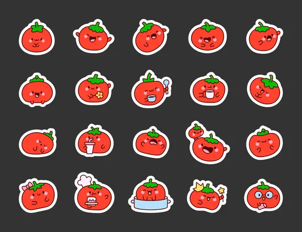 かわいいかわいいトマトのキャラクター ステッカーブックマーク ハッピーな野菜漫画の食べ物 手描きスタイル ベクター図面 デザイン要素のコレクション — ストックベクタ