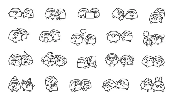 Grappig Stel Pudding Stripfiguren Kleurplaat Leuke Kawaii Eten Vrienden Handgetekende Vectorbeelden