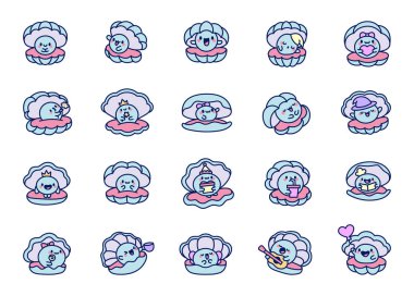 İnci kabuklu çizgi film kawaii deniz kabuğu. Komik suda yaşam. El çizimi stili. Vektör çizimi. Tasarım elementlerinin koleksiyonu.