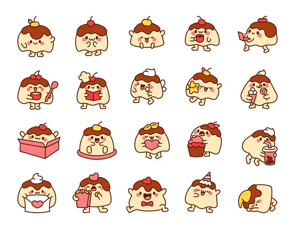 Personnages Heureux Pudding Bande Dessinée Bonne Nourriture Style Main Dessin — Image vectorielle