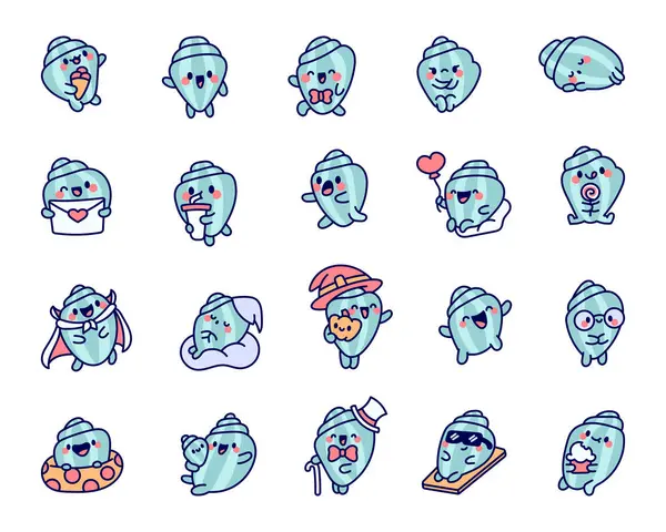 Cartoon Happy Seashell Face Characters Vtipný Vodní Život Ručně Kreslený Vektorová Grafika