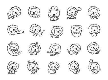 Tatlı çizgi film aslan karakterleri. Boyama sayfası. Farklı duyguları olan sevimli bir hayvan. El çizimi stili. Vektör çizimi. Tasarım elementlerinin koleksiyonu.