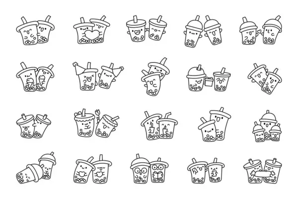 Engraçado Casal Bolha Chá Personagens Desenhos Animados Página Para Colorir — Vetor de Stock