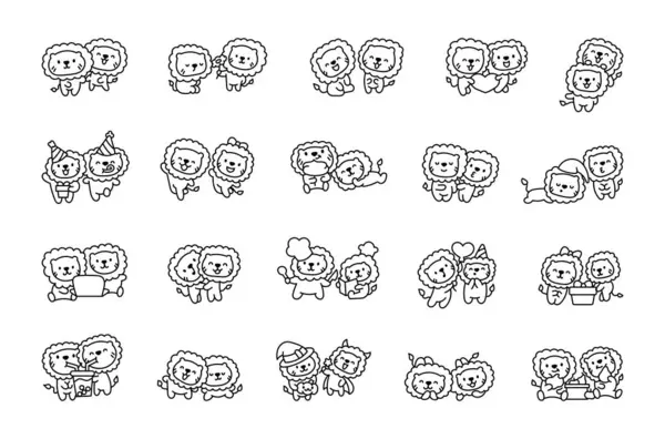 一对滑稽的狮子卡通人物 着色页 可爱的Kawaii动物朋友 手工风格 矢量绘图 设计要素的收集 免版税图库插图