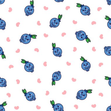 Kawaii yaban mersini çizgi film karakteri. Kusursuz desen. Farklı duygularda tatlı meyveler. El çizimi stili. Vektör çizimi. Tasarım süslemeleri.