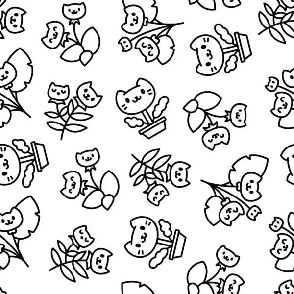 Цветочная Кошка Кавайи Бесшовный Шаблон Раскрашивание Страницы Симпатичный Персонаж Мультфильма — стоковый вектор