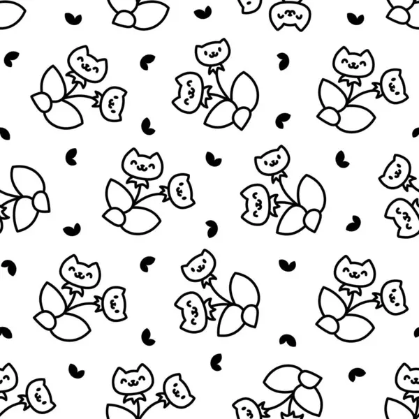 Kawajski Kot Kwiatowy Płynny Wzór Kolorowanka Cute Zwierzę Postać Kreskówki Ilustracja Stockowa