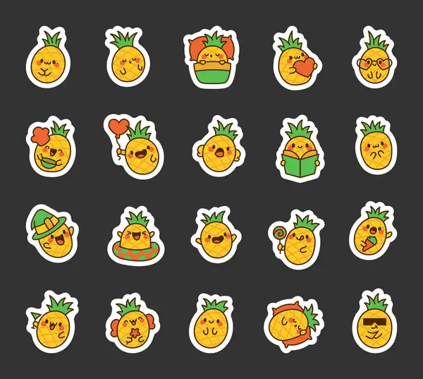 Şirin Kawaii Ananas Meyvesi Etiket Yer Sevimli Çizgi Film Yemek Telifsiz Stok Vektörler