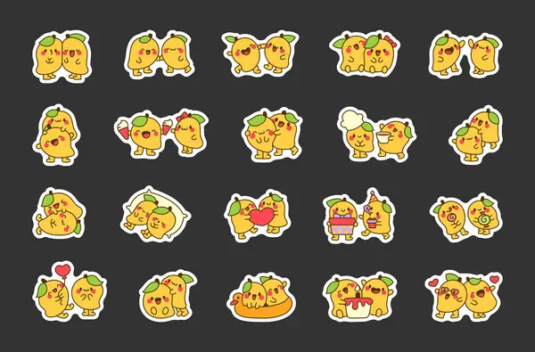 Schattig Mango Koppel Als Stripfiguren Sticker Bladwijzer Grappige Fruithelden Handgetekende Vectorbeelden