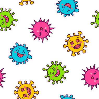 Kawaii virüsleri. Kusursuz desen. Bakteriyel enfeksiyon ve mikrop içeren sevimli çizgi film karakterleri. El çizimi stili. Vektör çizimi. Tasarım süslemeleri.