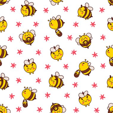 Çizgi film sevimli arı karakteri. Kusursuz desen. Kawaii böceği bal küpünü tutuyor. El çizimi stili. Vektör çizimi. Tasarım süslemeleri.