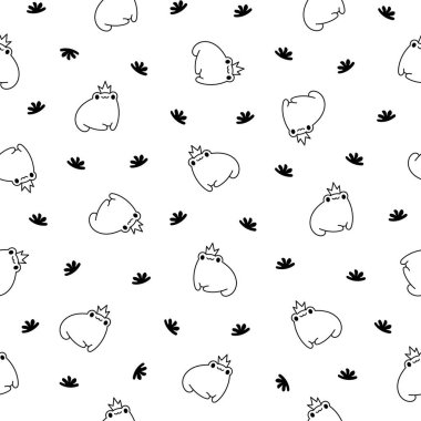 Kawaii kurbağa çizgi film karakteri. Kusursuz desen. Boyama sayfası. Tatlı sürüngen hayvanı. El çizimi stili. Vektör çizimi. Tasarım süslemeleri.