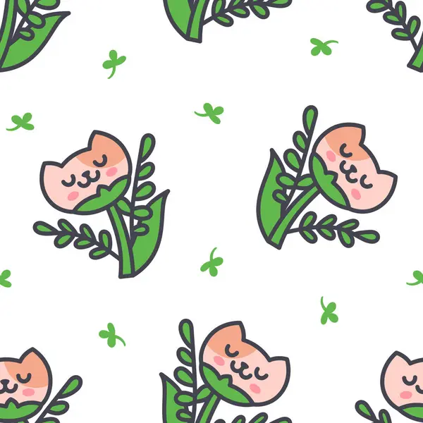Kawaii Blomma Katt Sömlöst Mönster Söt Sällskapsdjur Tecknad Karaktär Handritad — Stock vektor