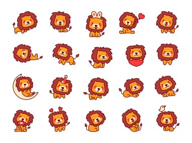 Tatlı çizgi film aslan karakterleri. Farklı duyguları olan sevimli bir hayvan. El çizimi stili. Vektör çizimi. Tasarım elementlerinin koleksiyonu.
